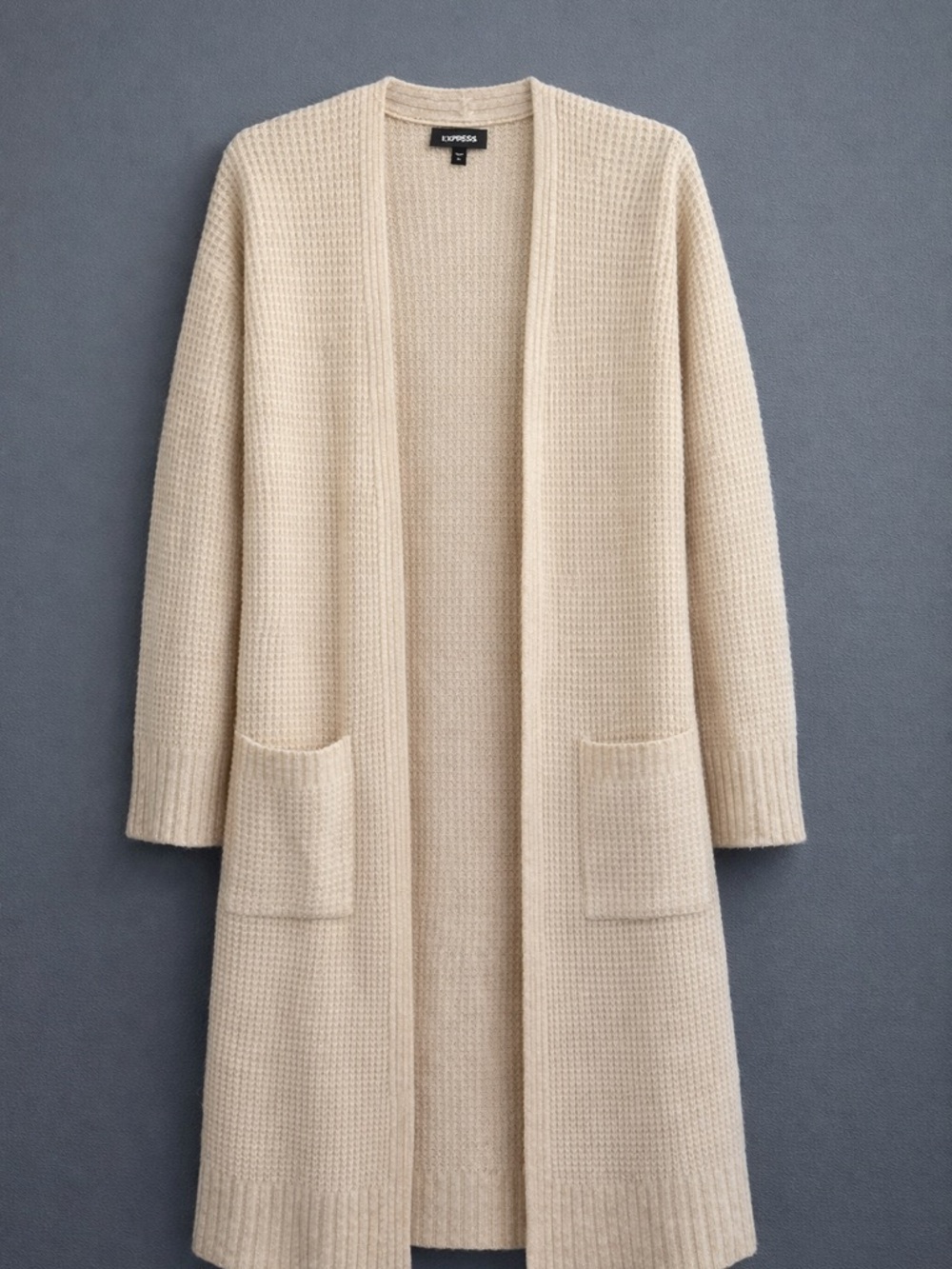 Express Beige Long Waffle Knit Cardigan | Duster Sweater Neutral Chic S